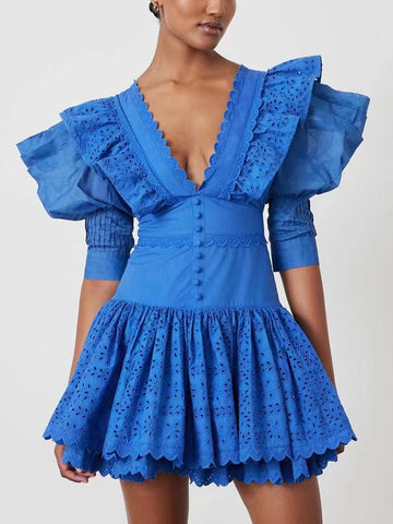 Woochic robe cocktail col en V courte taille haute à volants,vacances S bleu